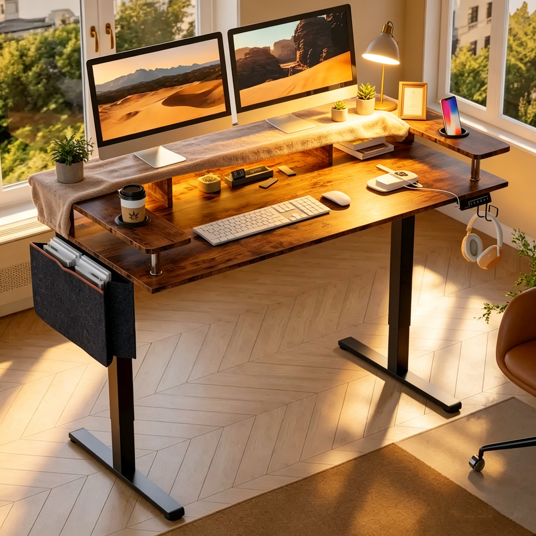 Bureau électrique debout à hauteur réglable avec rangement et support d'écran