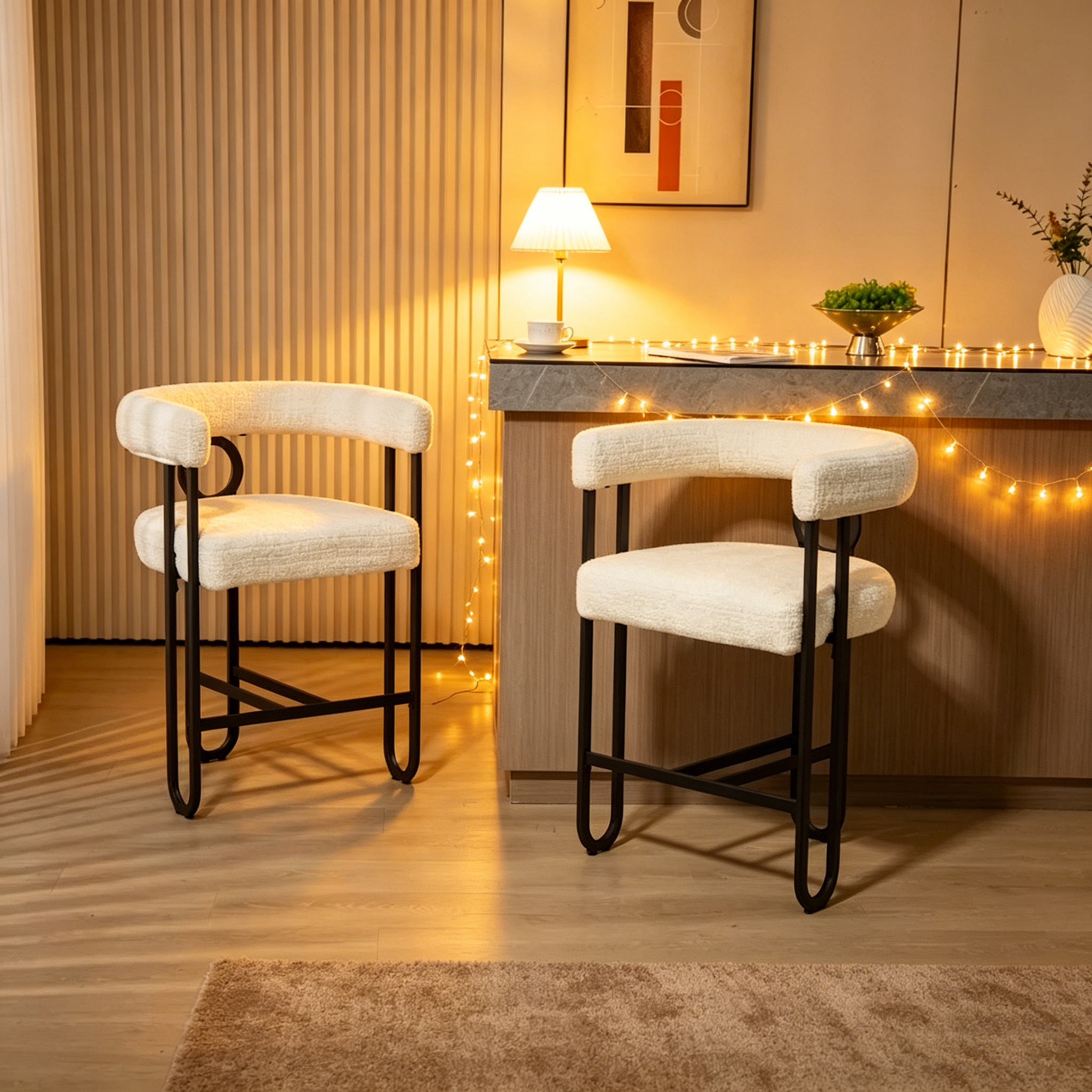 Tabourets de bar contemporains avec repose-pieds, revêtement chenille et cuir (lot de 2)