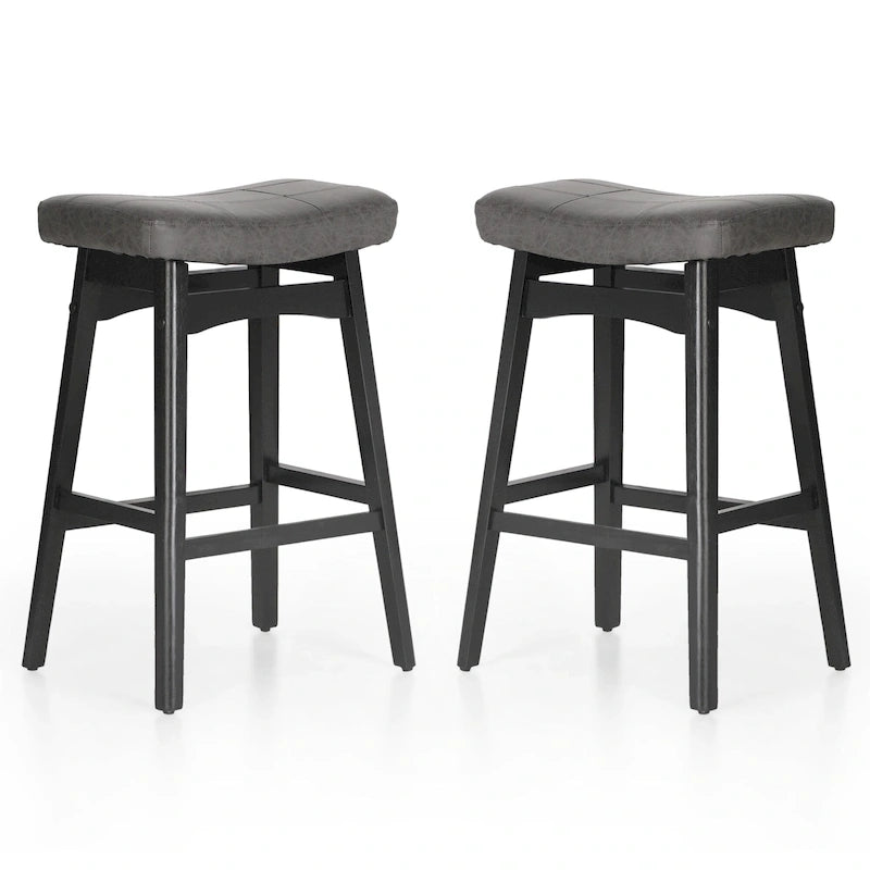 Tabourets de bar en bois massif de 61 cm avec coussins d'assise en cuir de lin, deux tabourets par lot.