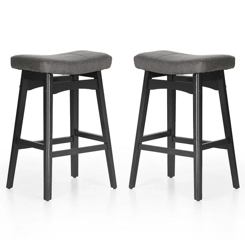 Tabourets de bar en bois massif de 61 cm avec coussins d'assise en cuir de lin, deux tabourets par lot.