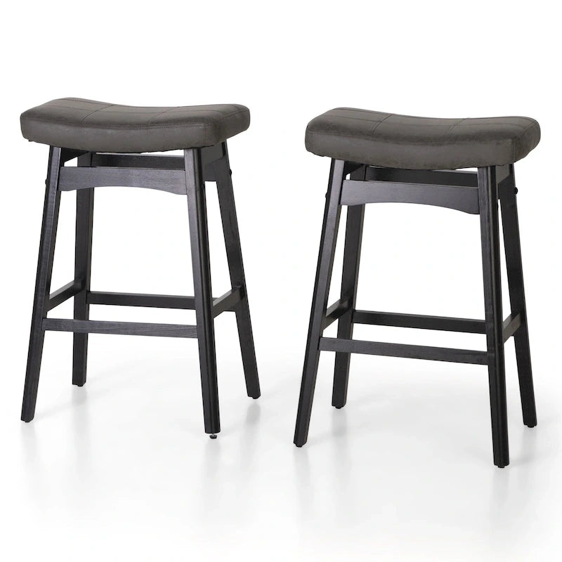 Tabourets de bar en bois massif de 61 cm avec coussins d'assise en cuir de lin, deux tabourets par lot.