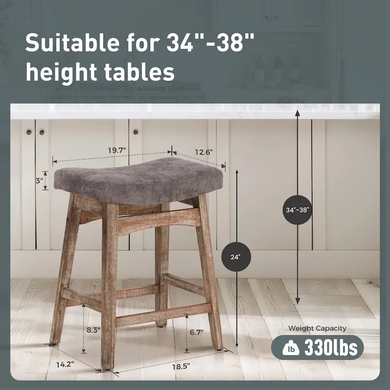 Tabourets de bar en bois massif de 61 cm avec coussins d'assise en cuir de lin, deux tabourets par lot.