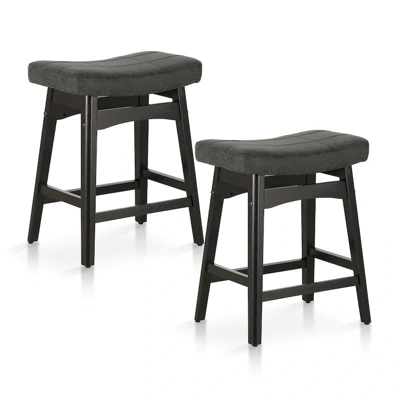 Tabourets de bar en bois massif de 61 cm avec coussins d'assise en cuir de lin, deux tabourets par lot.