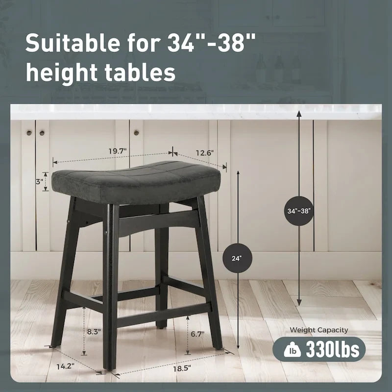 Tabourets de bar en bois massif de 61 cm avec coussins d'assise en cuir de lin, deux tabourets par lot.