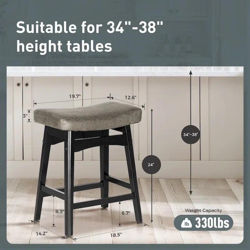 Tabourets de bar en bois massif de 61 cm avec coussins d'assise en cuir de lin, deux tabourets par lot.