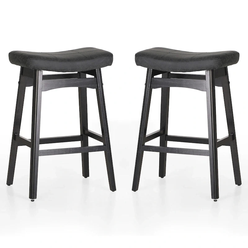 Tabourets de bar en bois massif de 61 cm avec coussins d'assise en cuir de lin, deux tabourets par lot.
