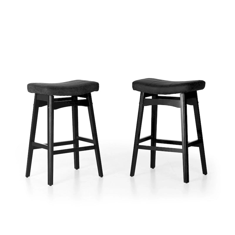 Tabourets de bar en bois massif de 61 cm avec coussins d'assise en cuir de lin, deux tabourets par lot.