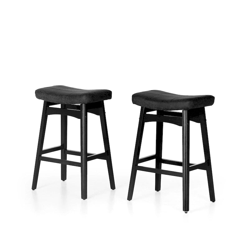 Tabourets de bar en bois massif de 61 cm avec coussins d'assise en cuir de lin, deux tabourets par lot.