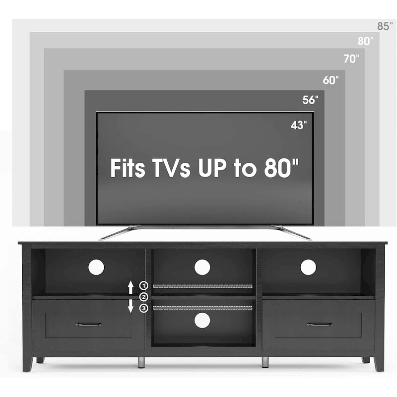 Meuble TV 70 pouces pour téléviseurs jusqu'à 80 pouces avec tiroirs et étagères réglables