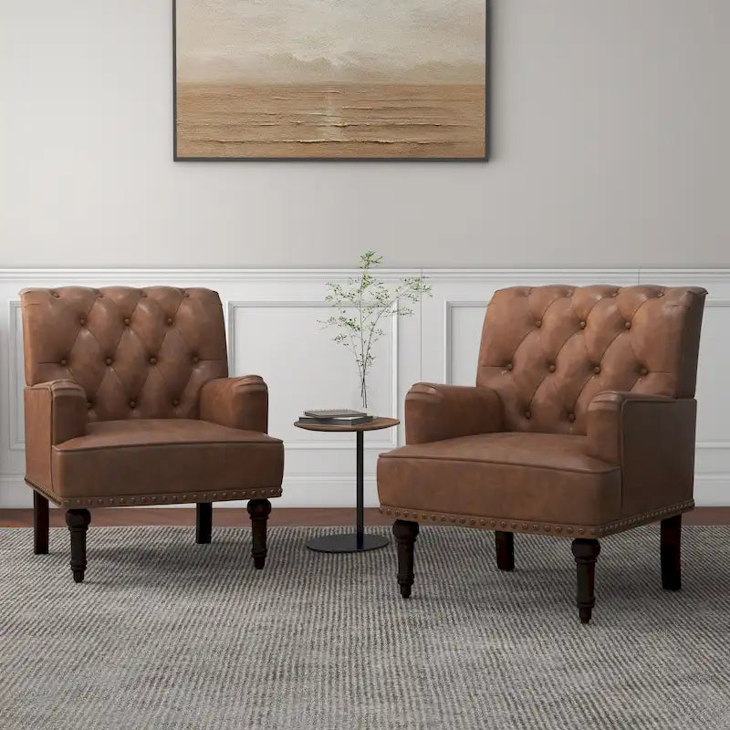 Fauteuils d'appoint en cuir végétalien capitonné avec garniture cloutée