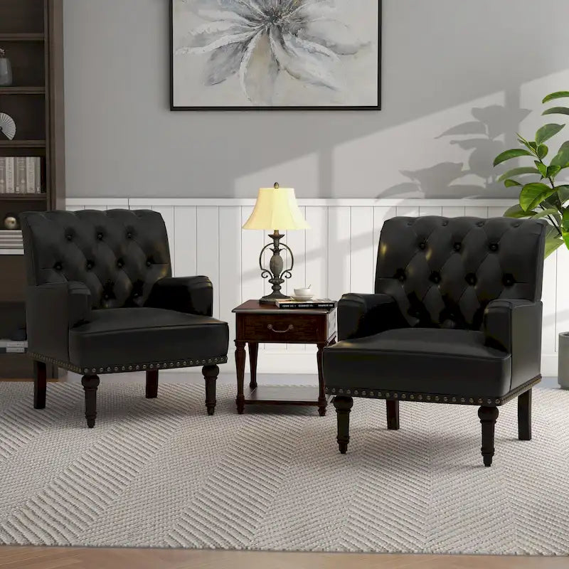 Fauteuils d'appoint en cuir végétalien capitonné avec garniture cloutée