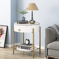 Table d'appoint moderne avec tiroirs de rangement, table de chevet ronde, pieds en métal, convient aux salons, chambres et bureaux.