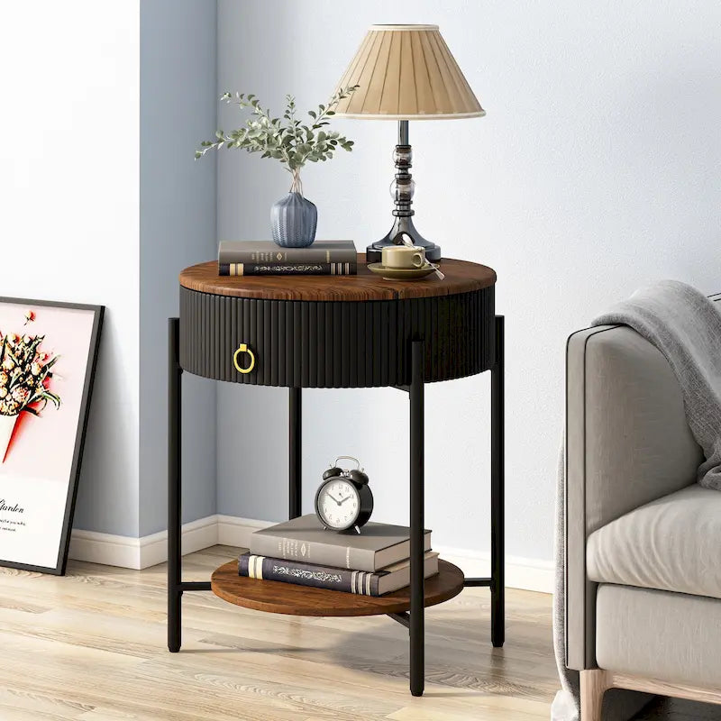 Table d'appoint moderne avec tiroirs de rangement, table de chevet ronde, pieds en métal, convient aux salons, chambres et bureaux.