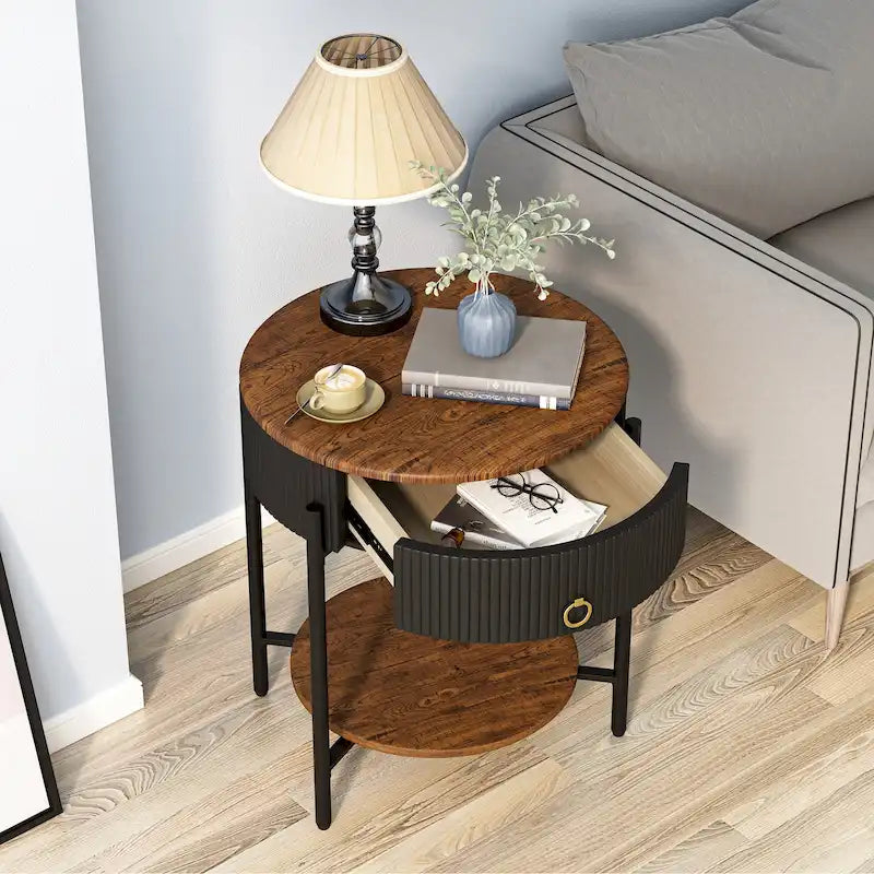 Table d'appoint moderne avec tiroirs de rangement, table de chevet ronde, pieds en métal, convient aux salons, chambres et bureaux.