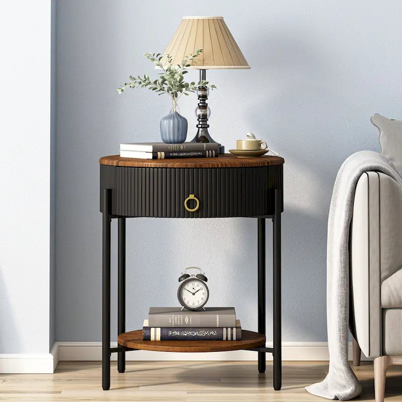 Table d'appoint moderne avec tiroirs de rangement, table de chevet ronde, pieds en métal, convient aux salons, chambres et bureaux.