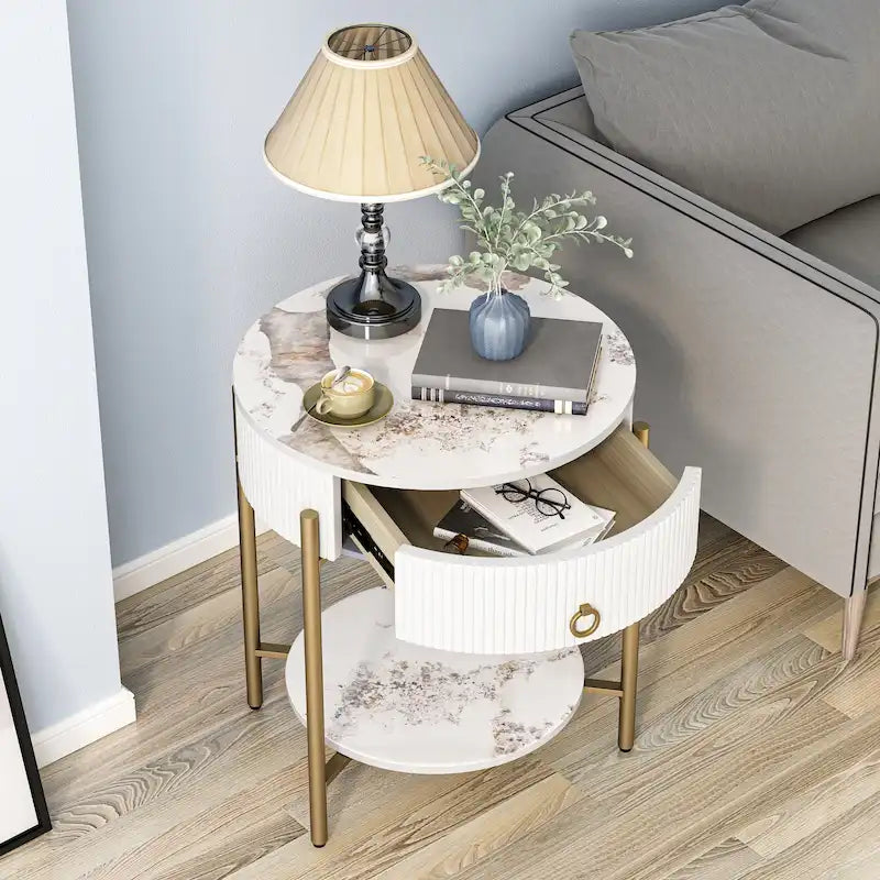 Table d'appoint moderne avec tiroirs de rangement, table de chevet ronde, pieds en métal, convient aux salons, chambres et bureaux.