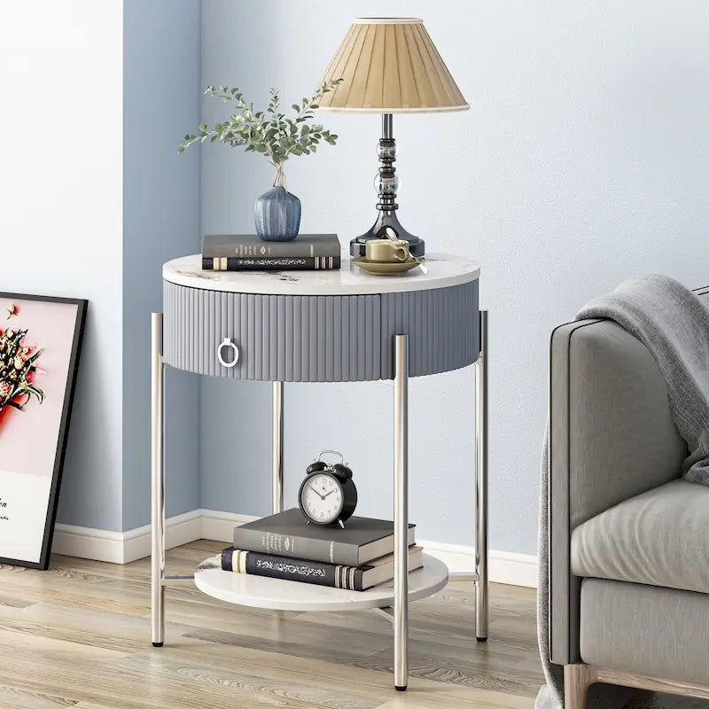 Table d'appoint moderne avec tiroirs de rangement, table de chevet ronde, pieds en métal, convient aux salons, chambres et bureaux.