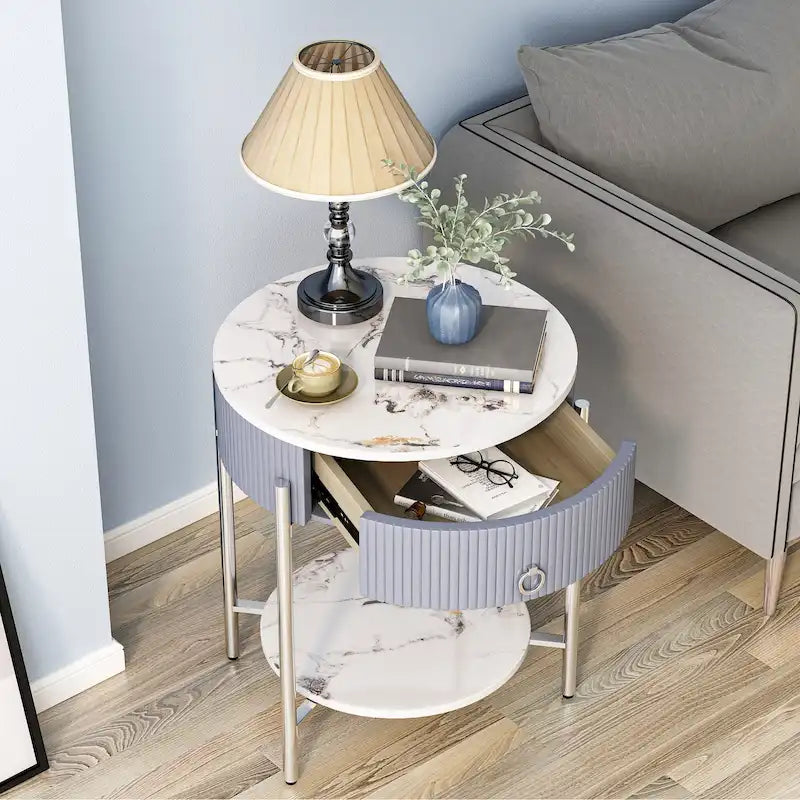 Table d'appoint moderne avec tiroirs de rangement, table de chevet ronde, pieds en métal, convient aux salons, chambres et bureaux.