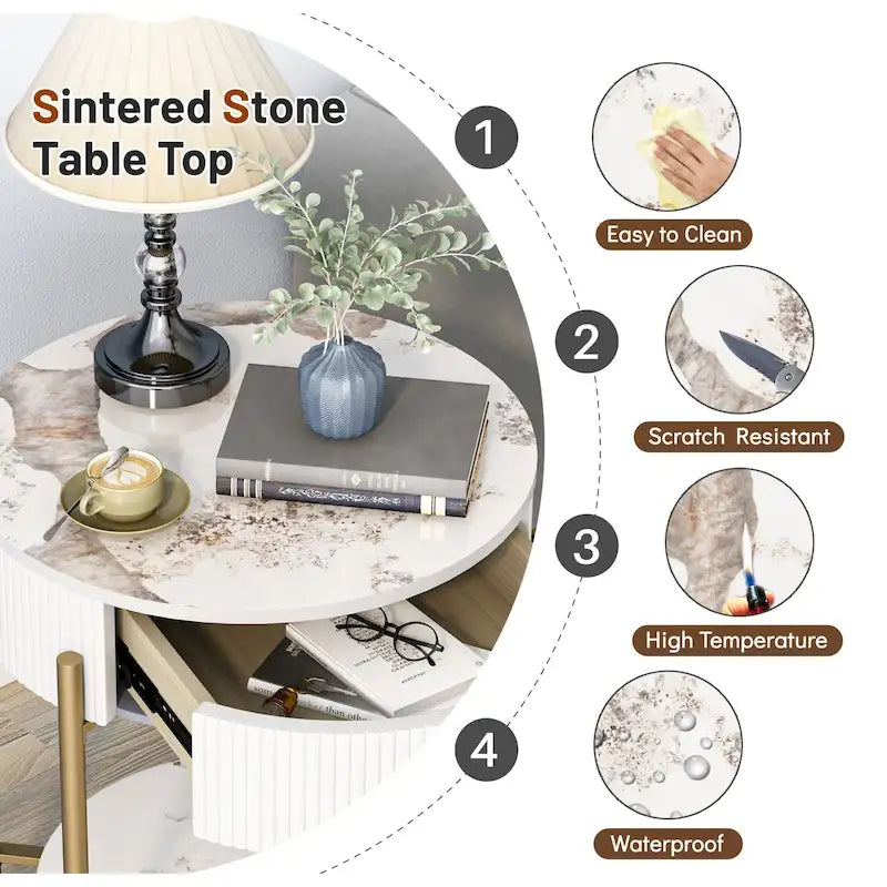 Table d'appoint moderne avec tiroirs de rangement, table de chevet ronde, pieds en métal, convient aux salons, chambres et bureaux.