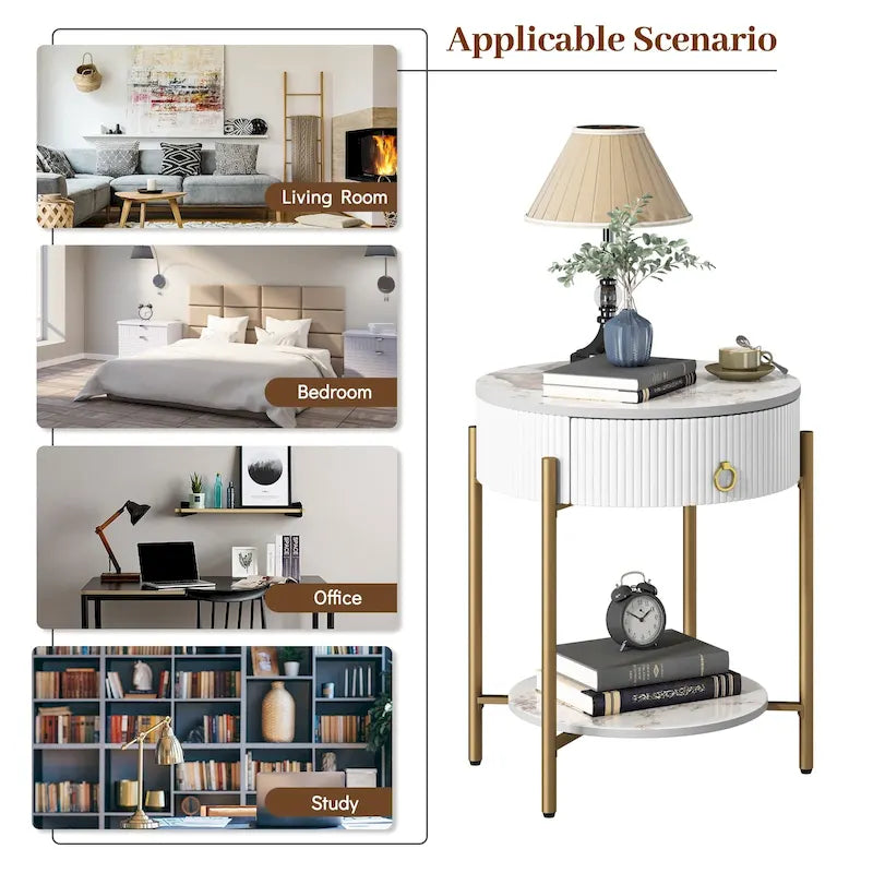 Table d'appoint moderne avec tiroirs de rangement, table de chevet ronde, pieds en métal, convient aux salons, chambres et bureaux.