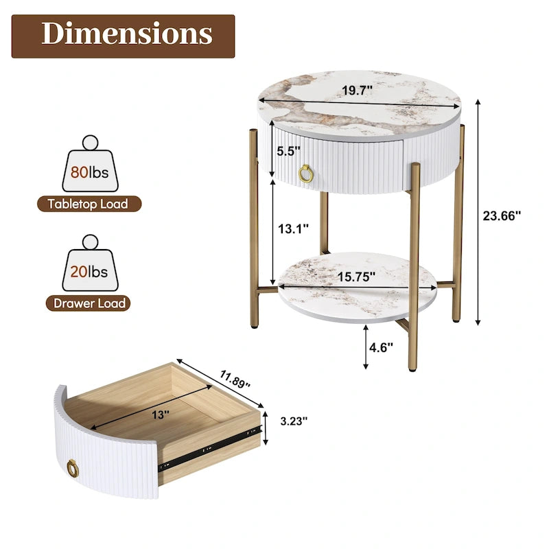 Table d'appoint moderne avec tiroirs de rangement, table de chevet ronde, pieds en métal, convient aux salons, chambres et bureaux.