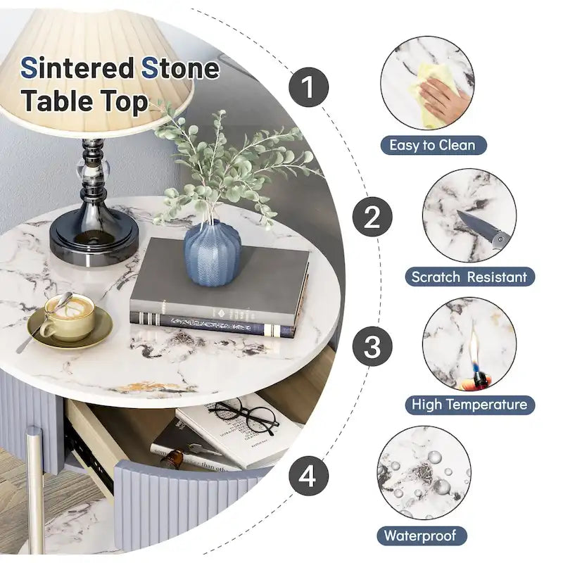 Table d'appoint moderne avec tiroirs de rangement, table de chevet ronde, pieds en métal, convient aux salons, chambres et bureaux.