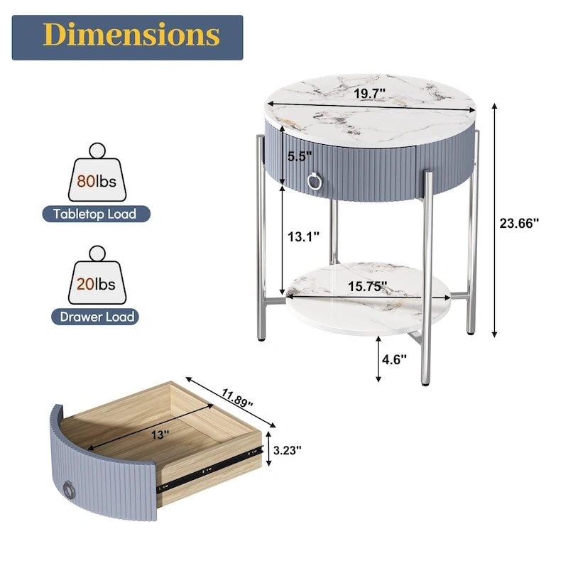 Table d'appoint moderne avec tiroirs de rangement, table de chevet ronde, pieds en métal, convient aux salons, chambres et bureaux.