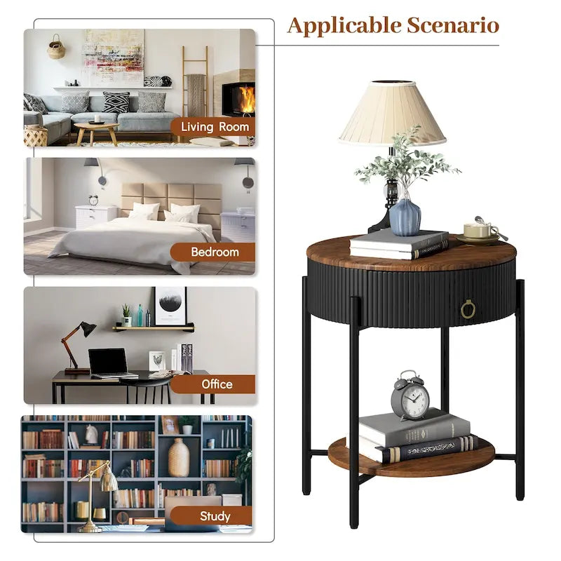 Table d'appoint moderne avec tiroirs de rangement, table de chevet ronde, pieds en métal, convient aux salons, chambres et bureaux.