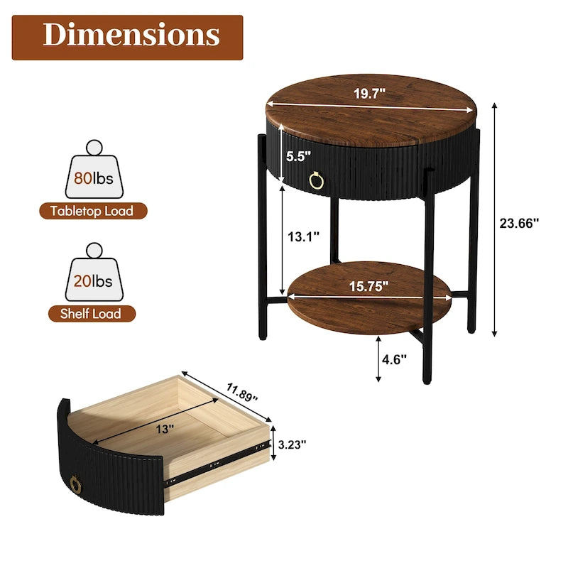 Table d'appoint moderne avec tiroirs de rangement, table de chevet ronde, pieds en métal, convient aux salons, chambres et bureaux.