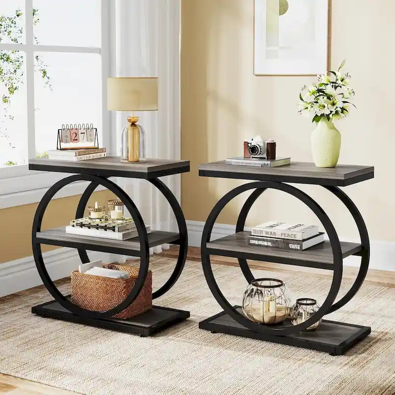 Table d'appoint étroite avec 3 étagères de rangement, Table d'appoint en bois pour salon