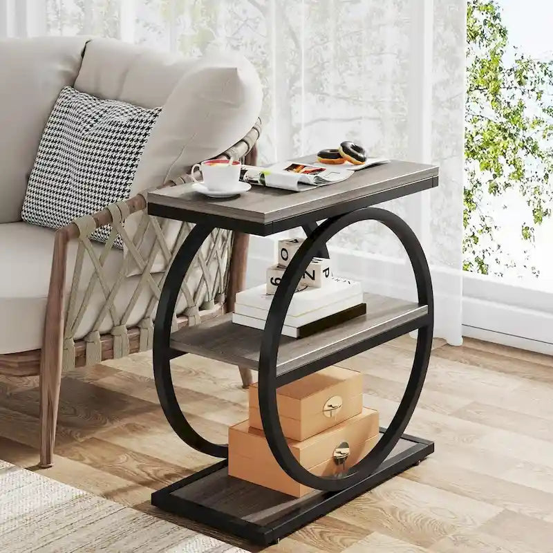 Table d'appoint étroite avec 3 étagères de rangement, Table d'appoint en bois pour salon