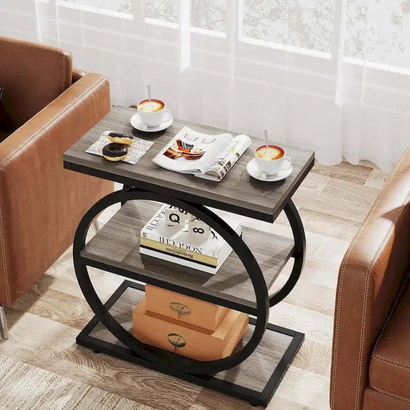 Table d'appoint étroite avec 3 étagères de rangement, Table d'appoint en bois pour salon