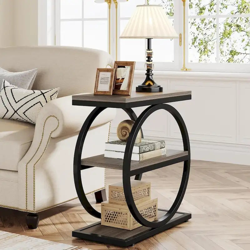 Table d'appoint étroite avec 3 étagères de rangement, Table d'appoint en bois pour salon