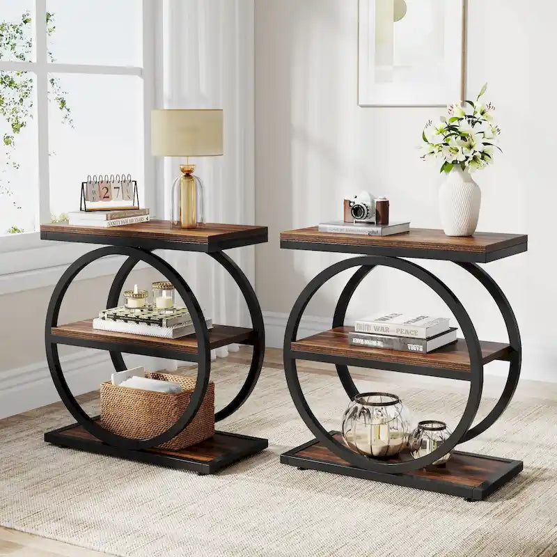 Table d'appoint étroite avec 3 étagères de rangement, Table d'appoint en bois pour salon