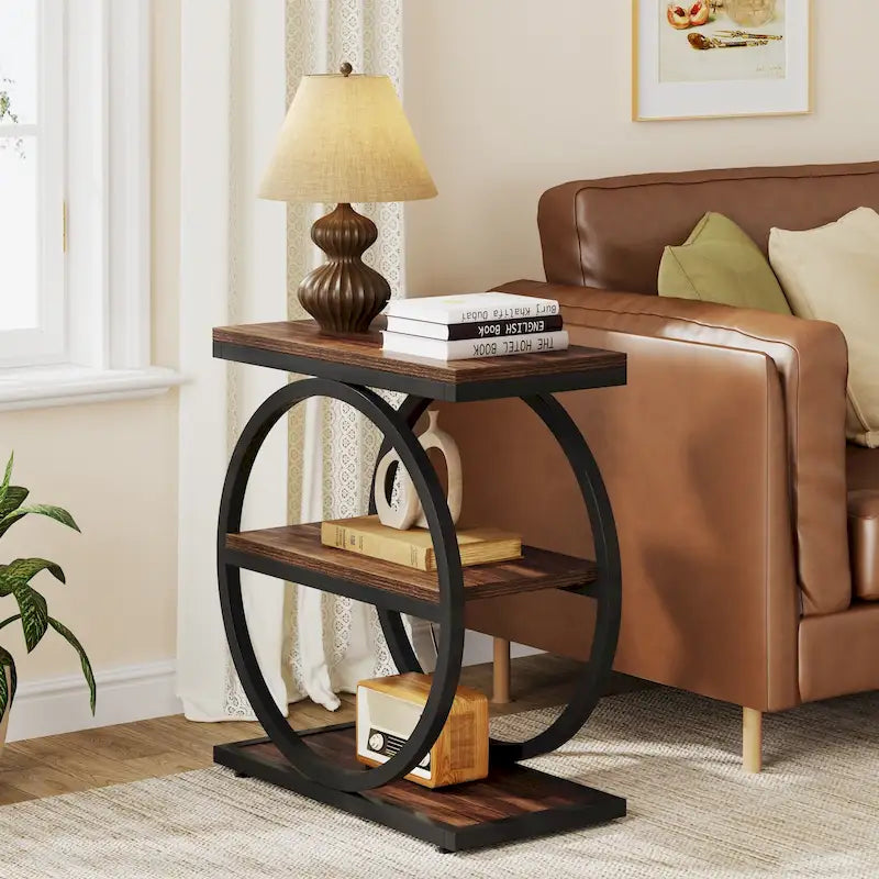 Table d'appoint étroite avec 3 étagères de rangement, Table d'appoint en bois pour salon