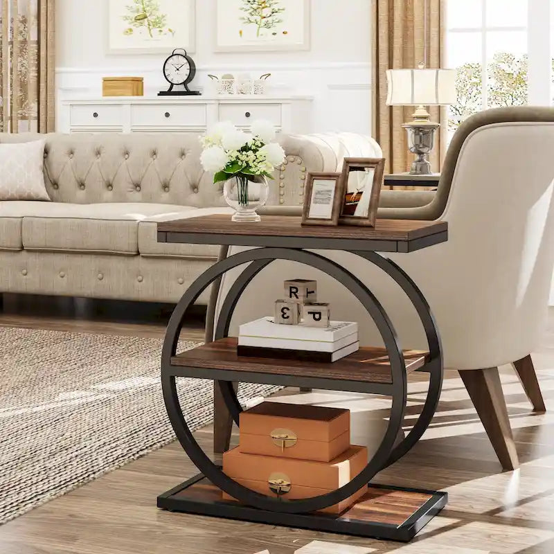 Table d'appoint étroite avec 3 étagères de rangement, Table d'appoint en bois pour salon