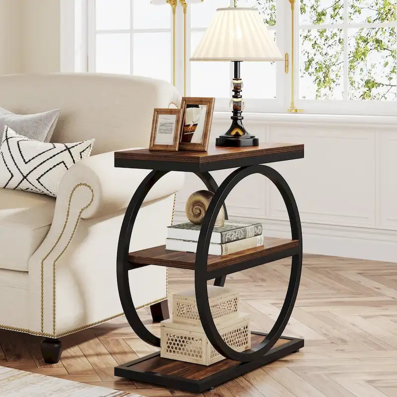Table d'appoint étroite avec 3 étagères de rangement, Table d'appoint en bois pour salon