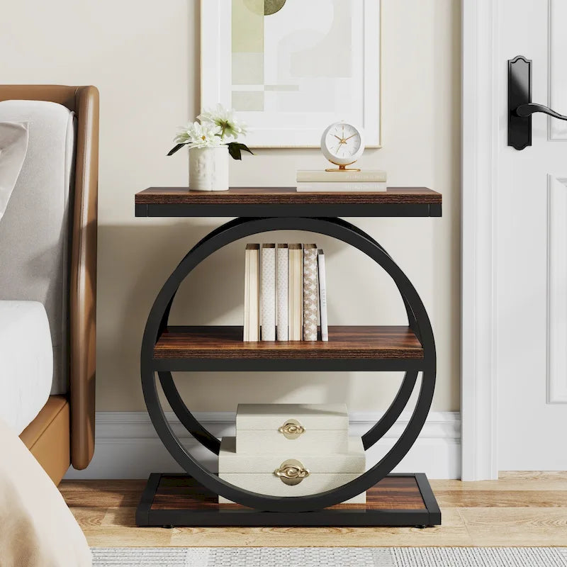 Table d'appoint étroite avec 3 étagères de rangement, Table d'appoint en bois pour salon