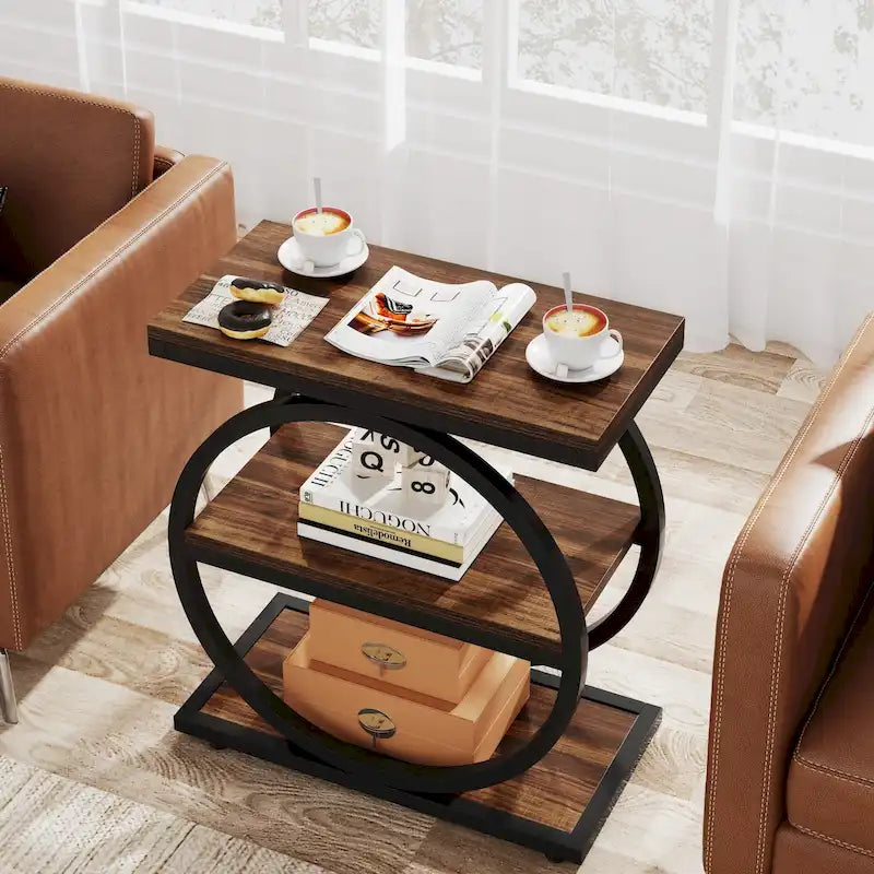 Table d'appoint étroite avec 3 étagères de rangement, Table d'appoint en bois pour salon