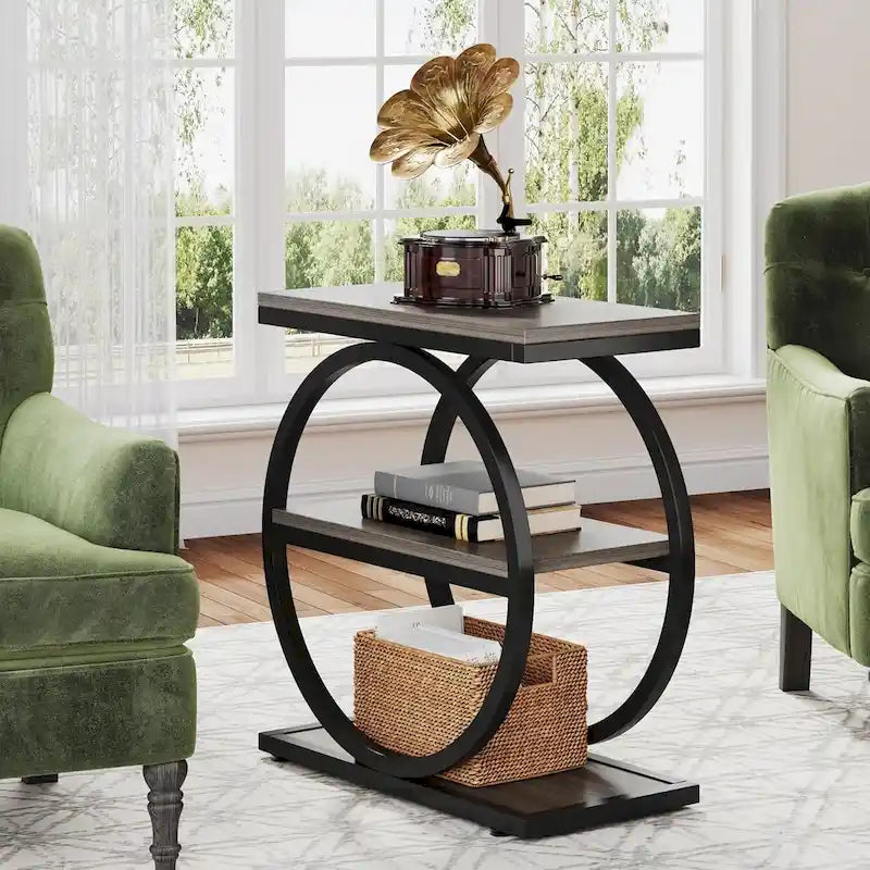 Table d'appoint étroite avec 3 étagères de rangement, Table d'appoint en bois pour salon