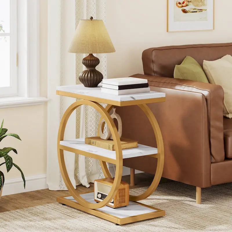 Table d'appoint étroite avec 3 étagères de rangement, Table d'appoint en bois pour salon