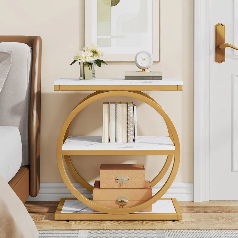 Table d'appoint étroite avec 3 étagères de rangement, Table d'appoint en bois pour salon