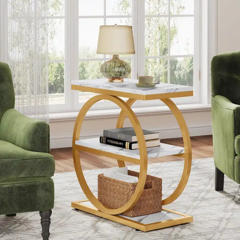 Table d'appoint étroite avec 3 étagères de rangement, Table d'appoint en bois pour salon