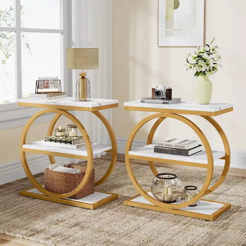 Table d'appoint étroite avec 3 étagères de rangement, Table d'appoint en bois pour salon