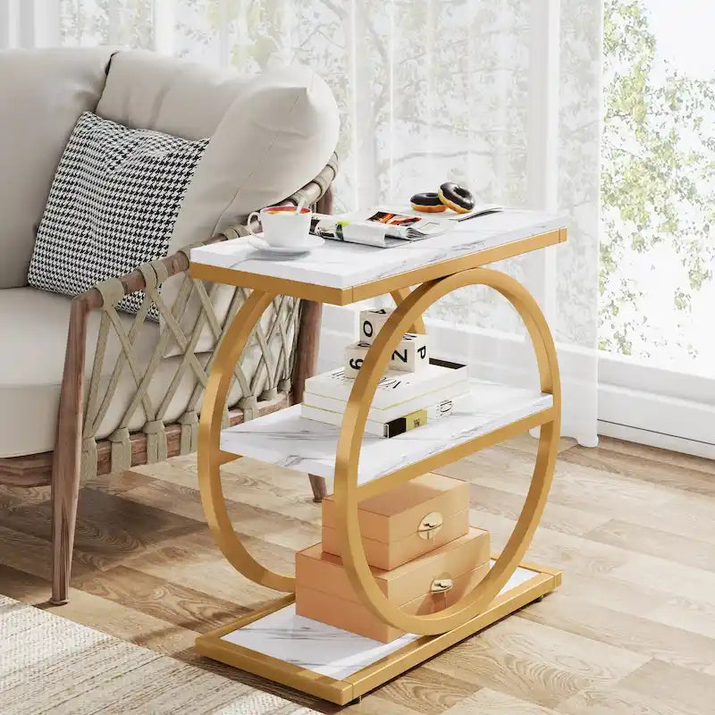 Table d'appoint étroite avec 3 étagères de rangement, Table d'appoint en bois pour salon