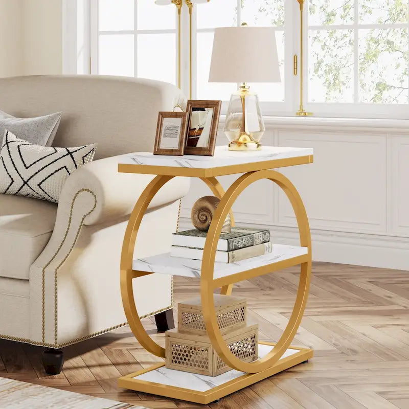 Table d'appoint étroite avec 3 étagères de rangement, Table d'appoint en bois pour salon