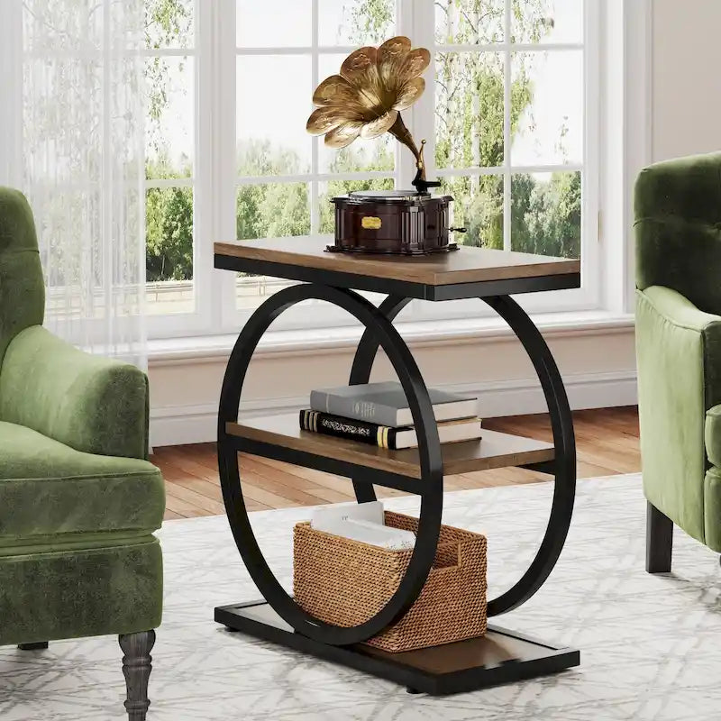 Table d'appoint étroite avec 3 étagères de rangement, Table d'appoint en bois pour salon