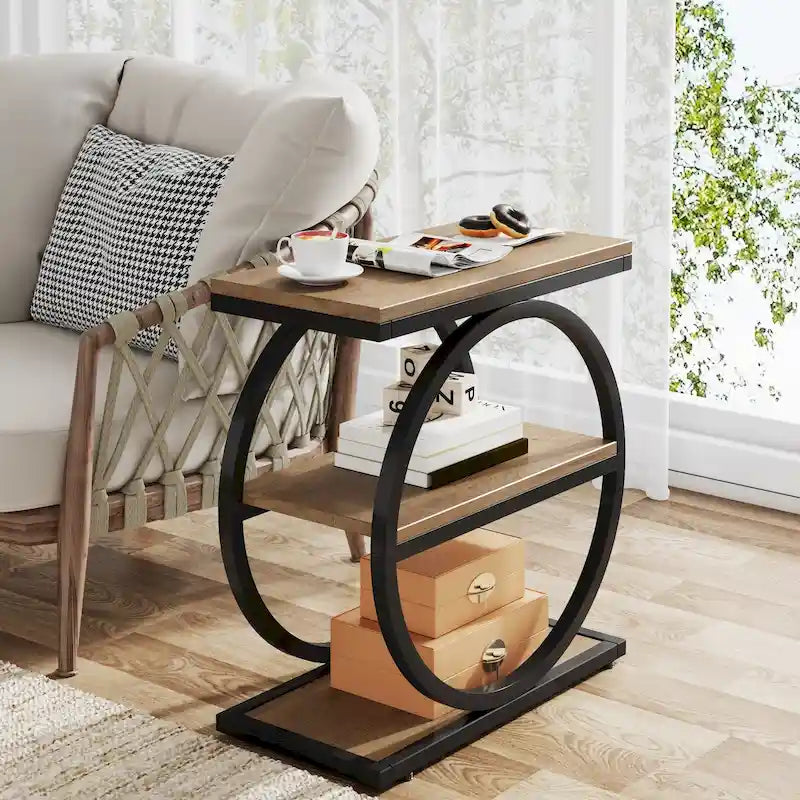 Table d'appoint étroite avec 3 étagères de rangement, Table d'appoint en bois pour salon