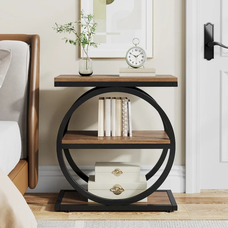 Table d'appoint étroite avec 3 étagères de rangement, Table d'appoint en bois pour salon