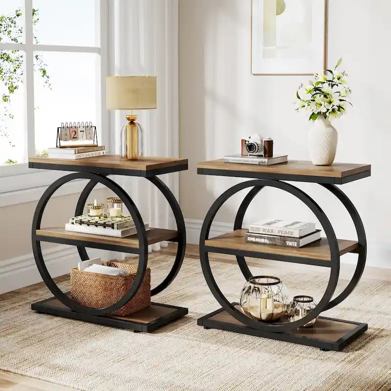 Table d'appoint étroite avec 3 étagères de rangement, Table d'appoint en bois pour salon